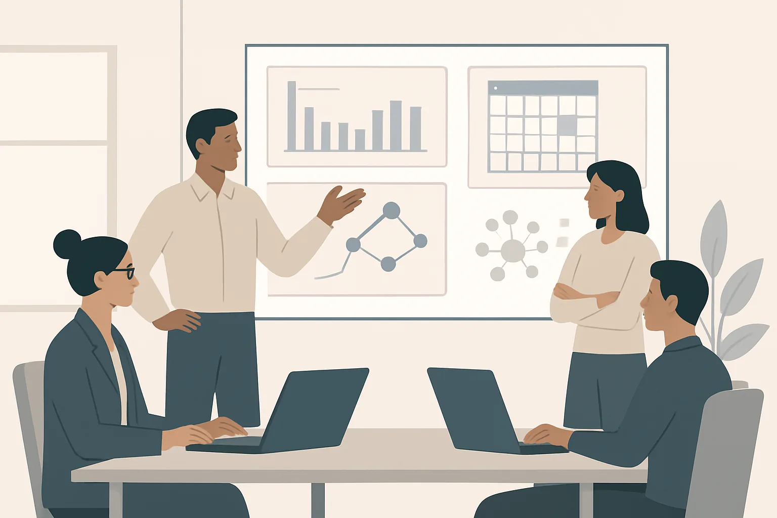 Editorial team in a modern office reviewing a content dashboard that shows a site scan report, topic calendar, and entity graph—clean, professional blog illustration, no text, no logos, neutral color palette