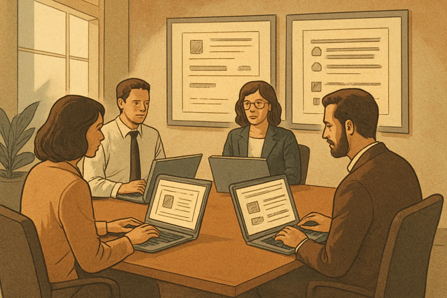 Editorial team around a conference table reviewing content drafts on laptops; visible elements: entity cards, citation lists, and approval checkboxes on screen; modern office with natural light; professional blog illustration style, no…
