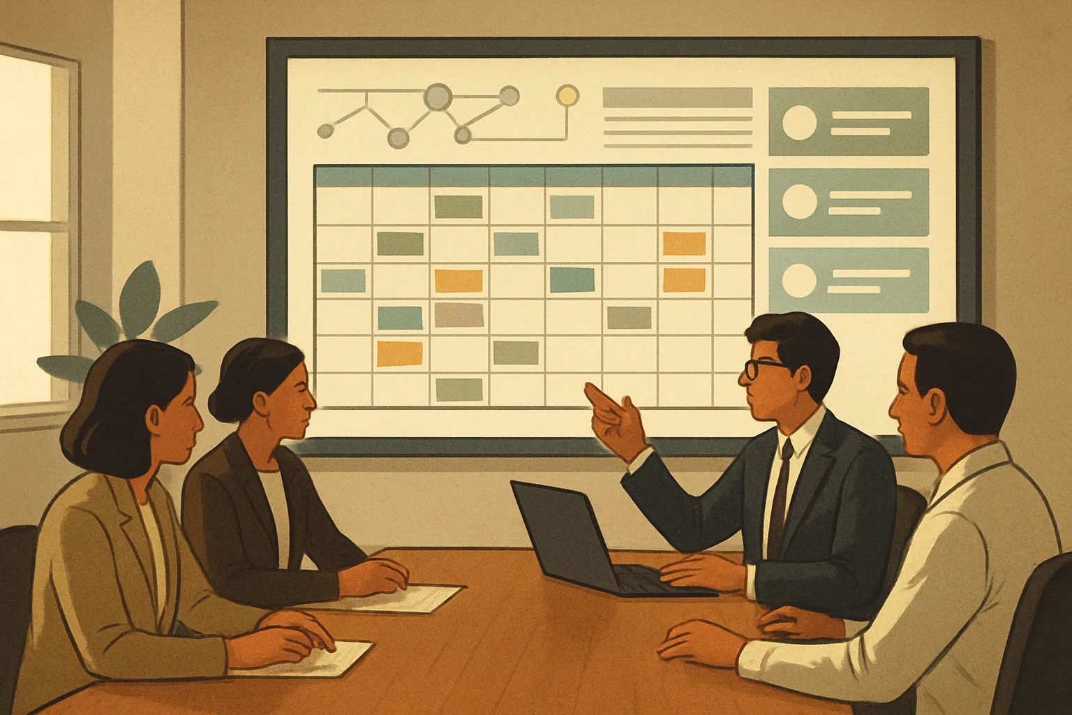 Editorial operations team around a conference table reviewing a large digital content calendar on a screen showing topic clusters, entity graph snippets, and approval status badges; professional magazine-style lighting, clean modern…