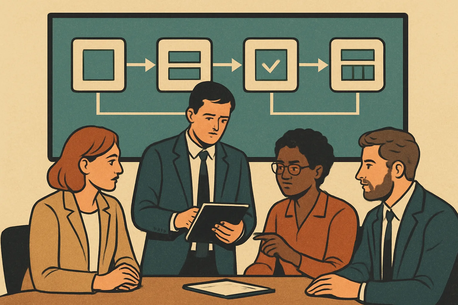 Editorial operations command center: a modern product team workspace with a large wall display showing a content pipeline diagram, labeled boxes for 'entity model', 'source corpus', 'generation', and 'review gates'; diverse editorial staff…