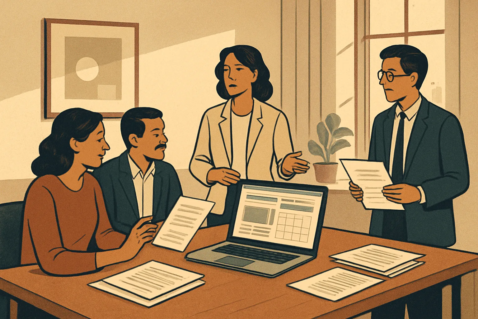 A professional editorial operations scene: an editorial dashboard on a laptop showing a site scan and content calendar, printed brief packets on a table, team members discussing entity lists; clean modern office, natural light, no text or…